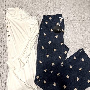 Outfit :Zenana off white long sleeve shirt and size Small Flares